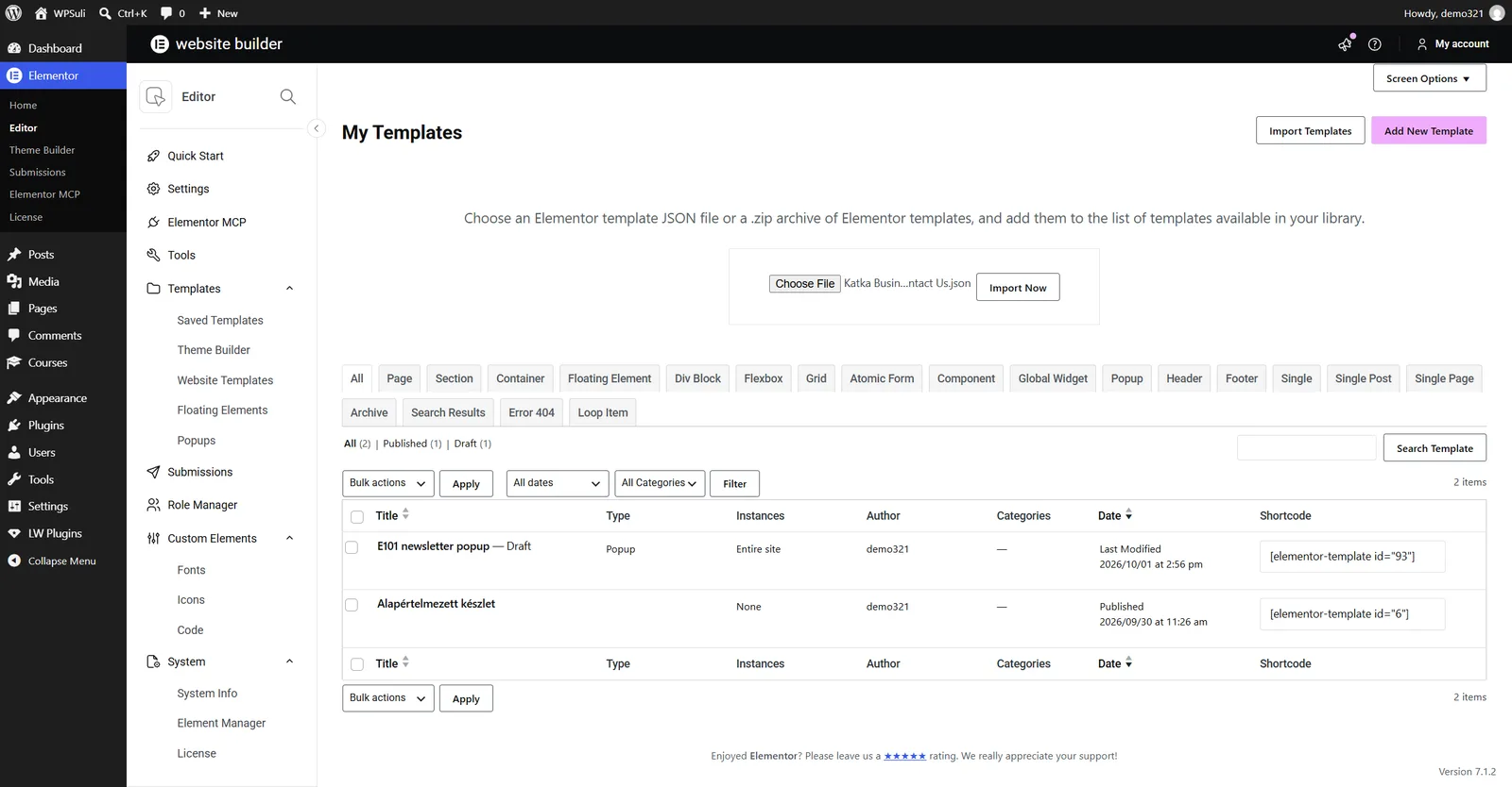 Import panel showing Katka Business Consultant Contact Us.json selected