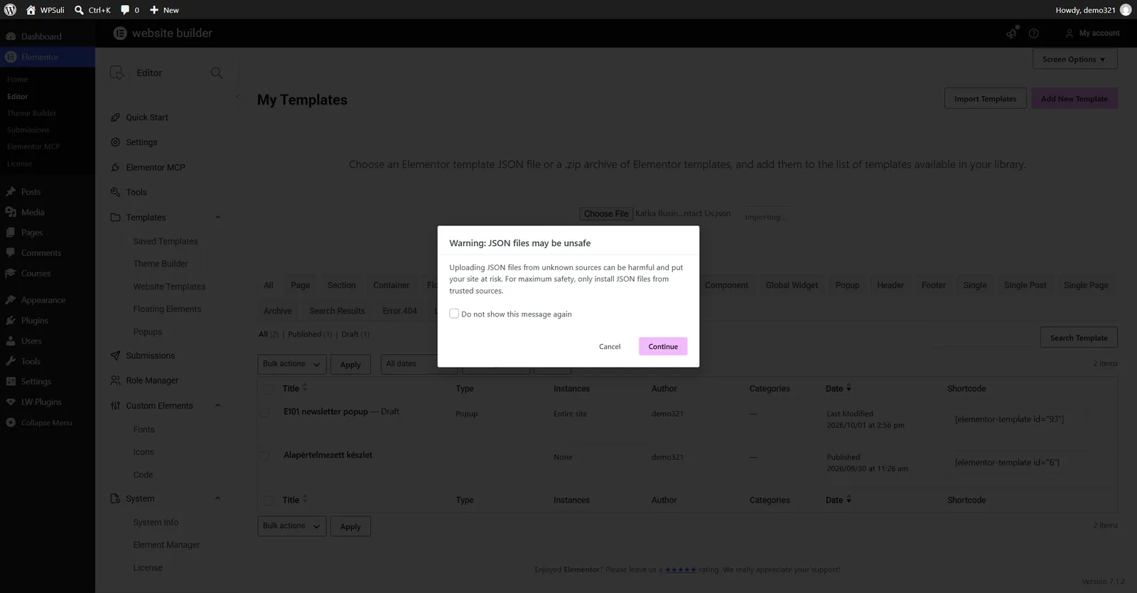 Warning dialog: JSON files may be unsafe, with Cancel and Continue buttons