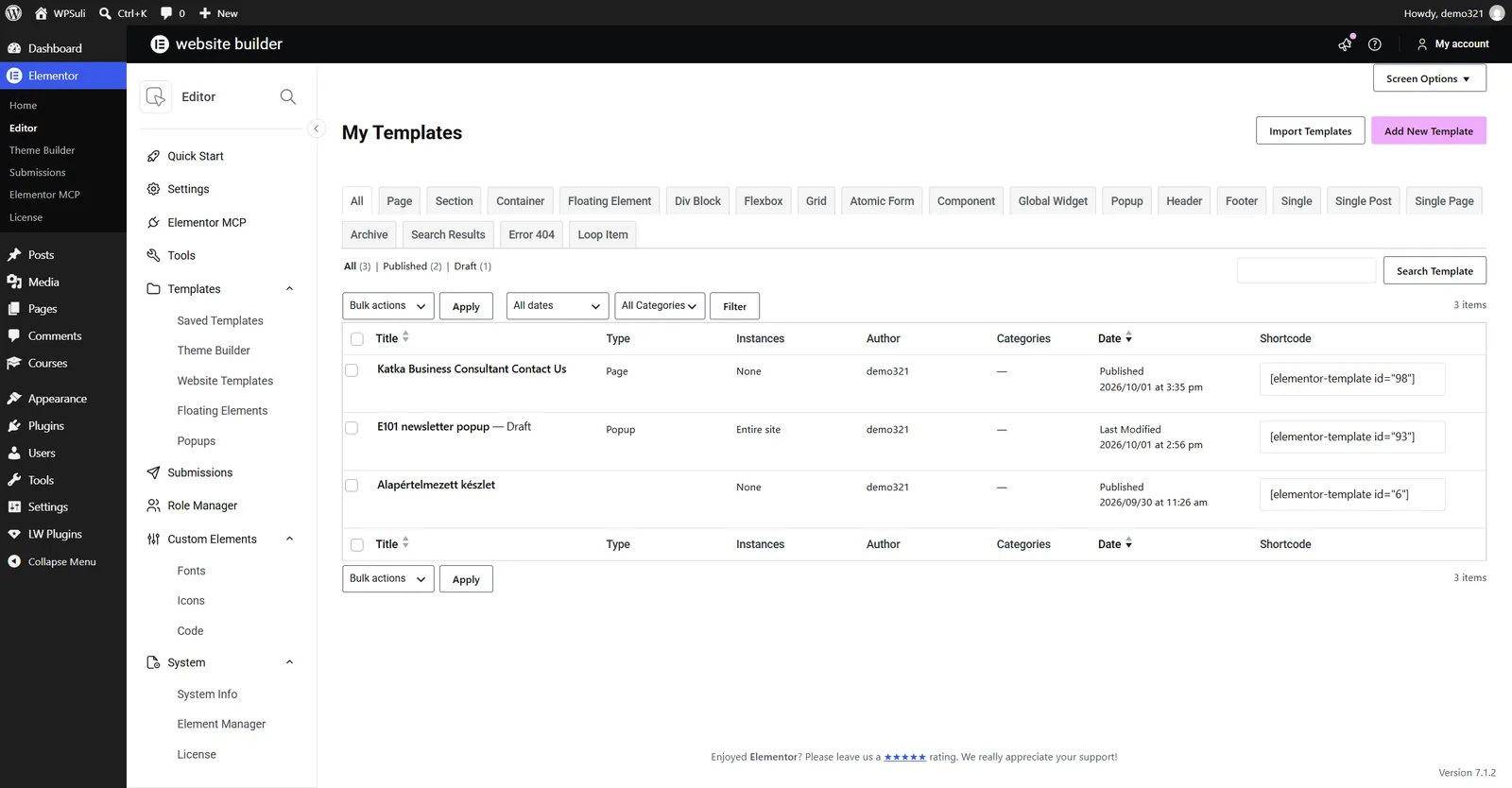 My Templates list showing Katka Business Consultant Contact Us as a Page template