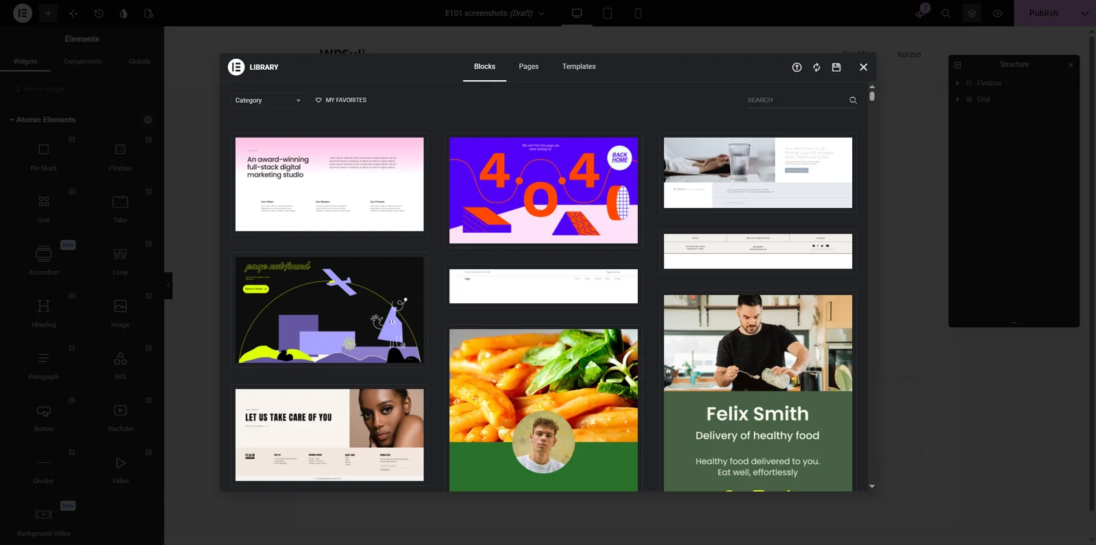 Elementor template library modal showing the Blocks tab