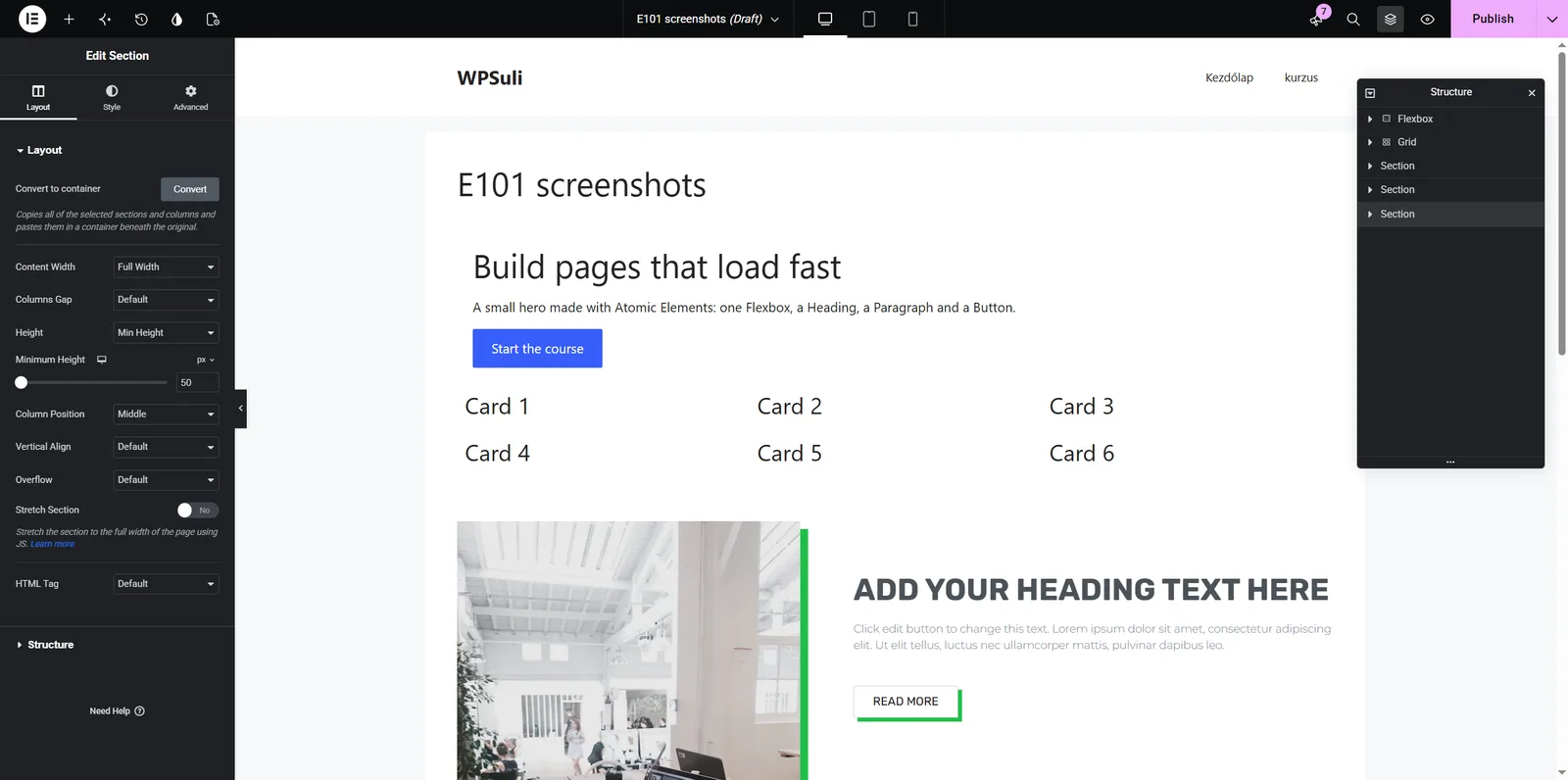 Elementor editor canvas after inserting the Contact Us template section