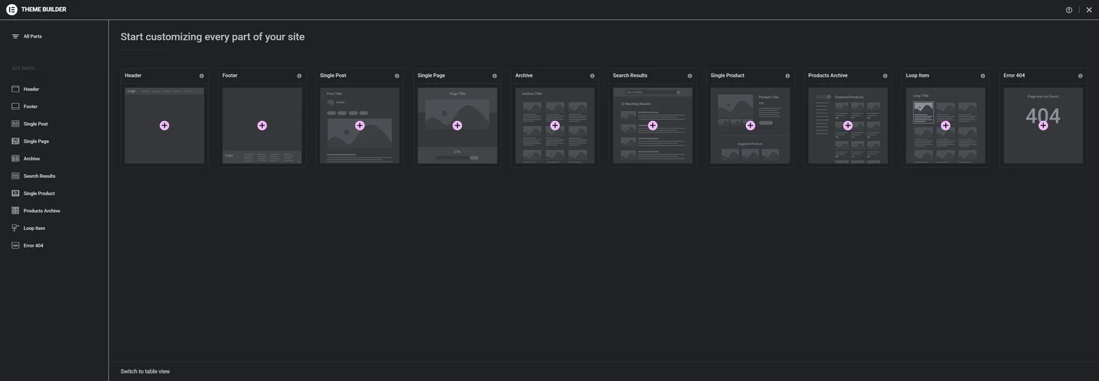 Elementor Theme Builder with Products Archive among site parts