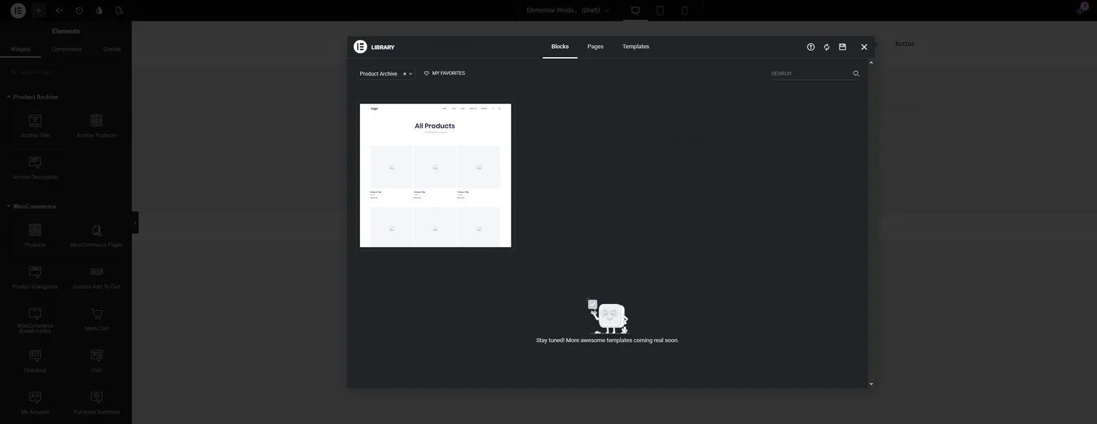 Elementor library modal filtered to Product Archive blocks