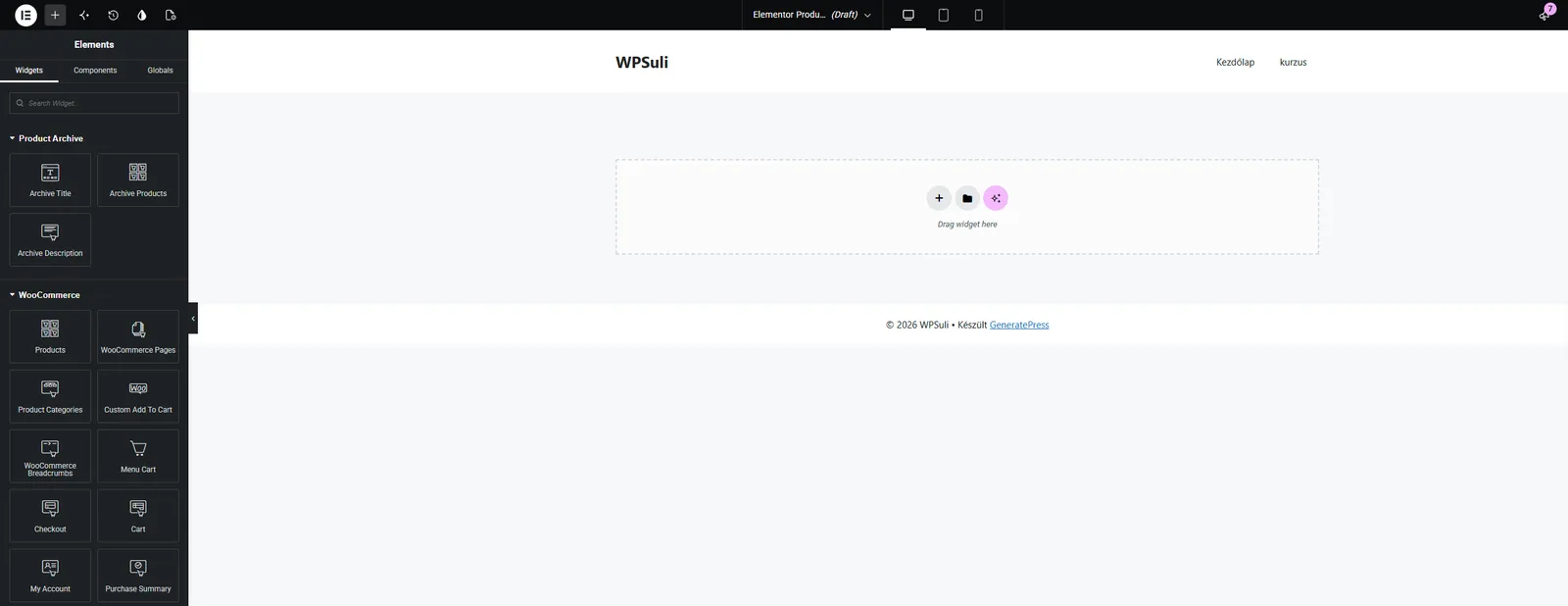 Empty Products Archive editor showing Product Archive and WooCommerce widgets