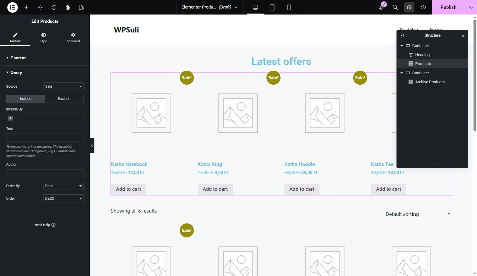 Products widget Query panel with Source set to Sale
