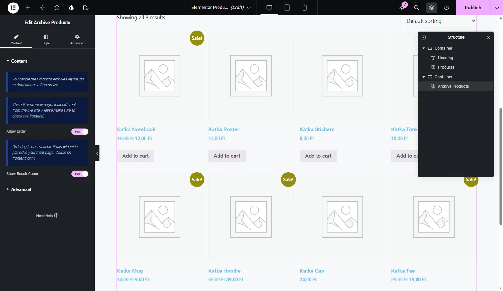 Archive Products widget with result count, sorting, and product grid