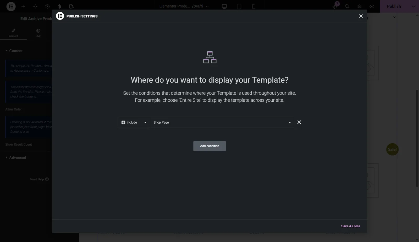 Publish Settings with Include condition set to Shop Page