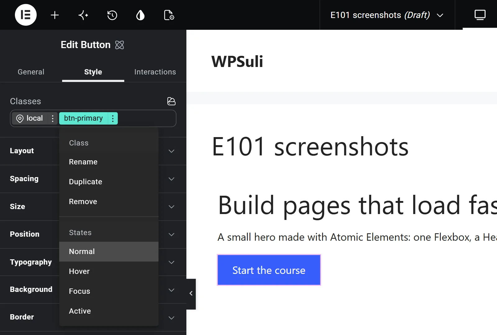 Style tab of a Button with the local class and a btn-primary class; the btn-primary menu is open, showing Rename, Duplicate, Remove and the states Normal, Hover, Focus and Active