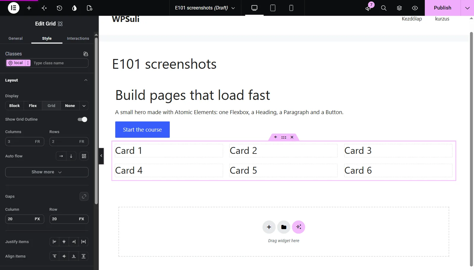 Style tab, Layout section of a Grid: Show Grid Outline on, Columns 3 fr, Rows 2 fr, Auto flow, 20 px gaps; six cards on the canvas in three columns