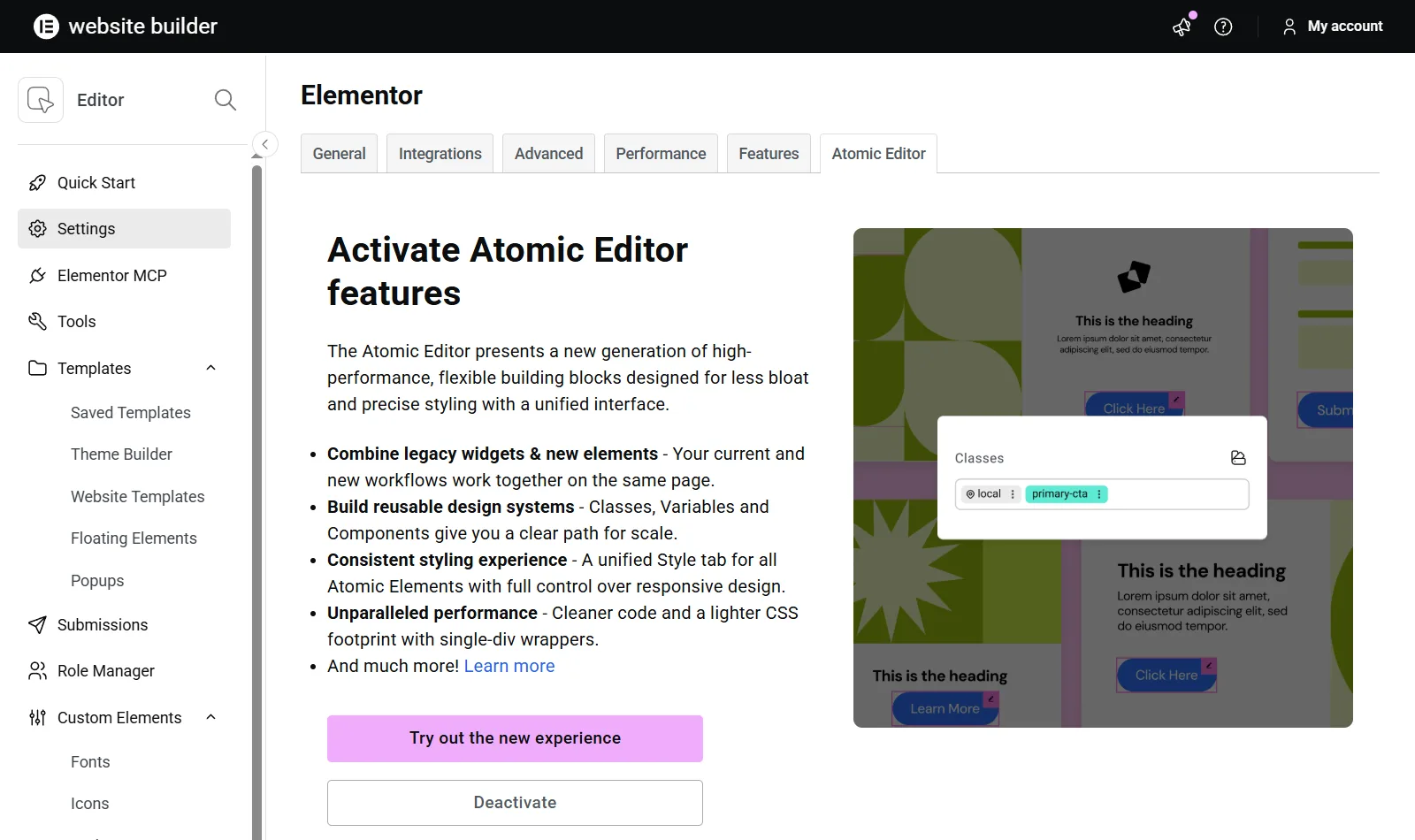 Elementor Settings with tabs General, Integrations, Advanced, Performance, Features and Atomic Editor; the Atomic Editor tab is open with Try out the new experience and Deactivate buttons