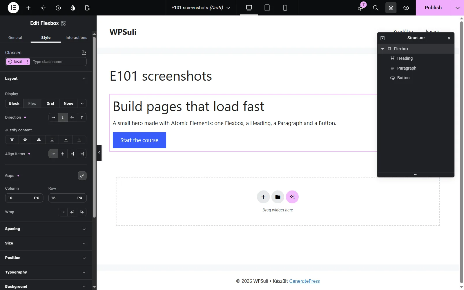 Style tab, Layout section of a Flexbox: Display, Direction set to column, Justify content, Align items set to start, and 16 px gaps; the hero on the canvas stacks heading, paragraph and button