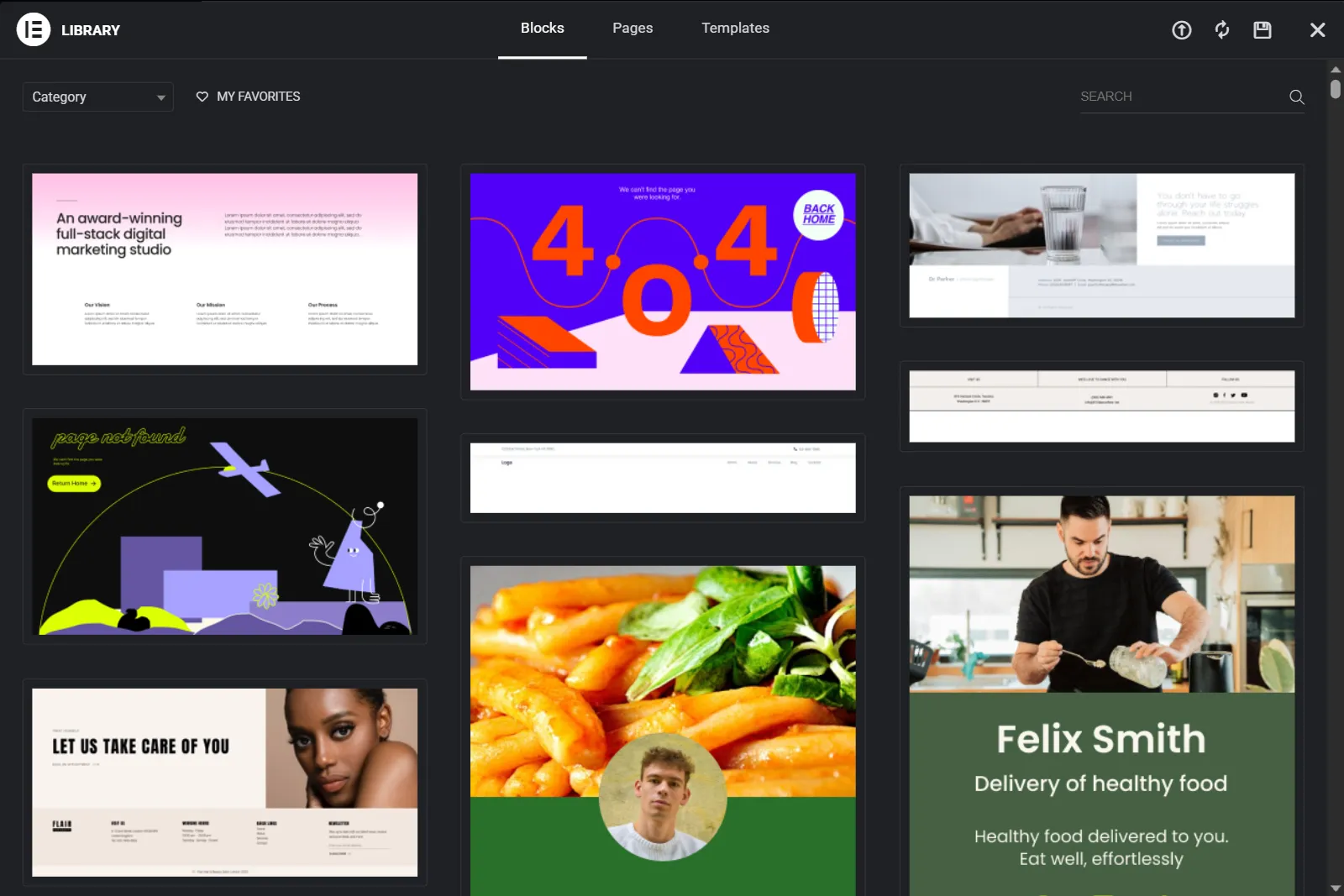The editor's template library with Blocks, Pages and Templates tabs, a category filter, My Favorites, a search field and a grid of block previews