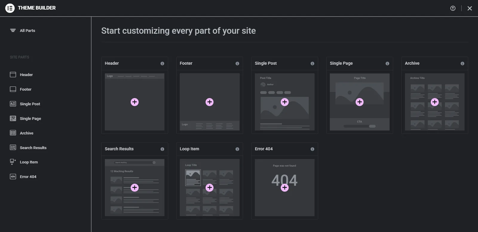 Theme Builder overview listing the site parts Header, Footer, Single Post, Single Page, Archive, Search Results, Loop Item and Error 404, each with an Add New button